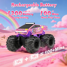 Dafotil Amphibious RC Car pink monster truck in water showcases amphibious capability.