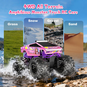 Dafotil Amphibious RC Car pink monster truck with LED lights for night play.