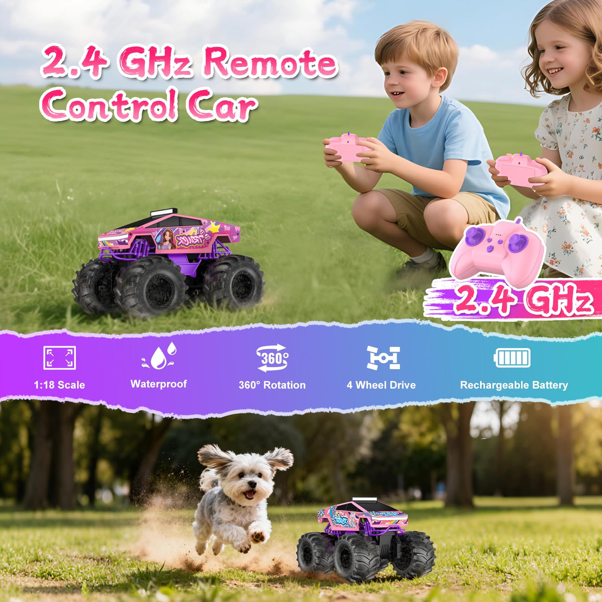 Dafotil Amphibious RC Car pink monster truck side action demonstrates 360° rotation.