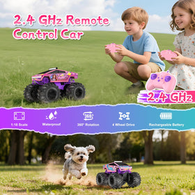 Dafotil Amphibious RC Car pink monster truck side action demonstrates 360° rotation.