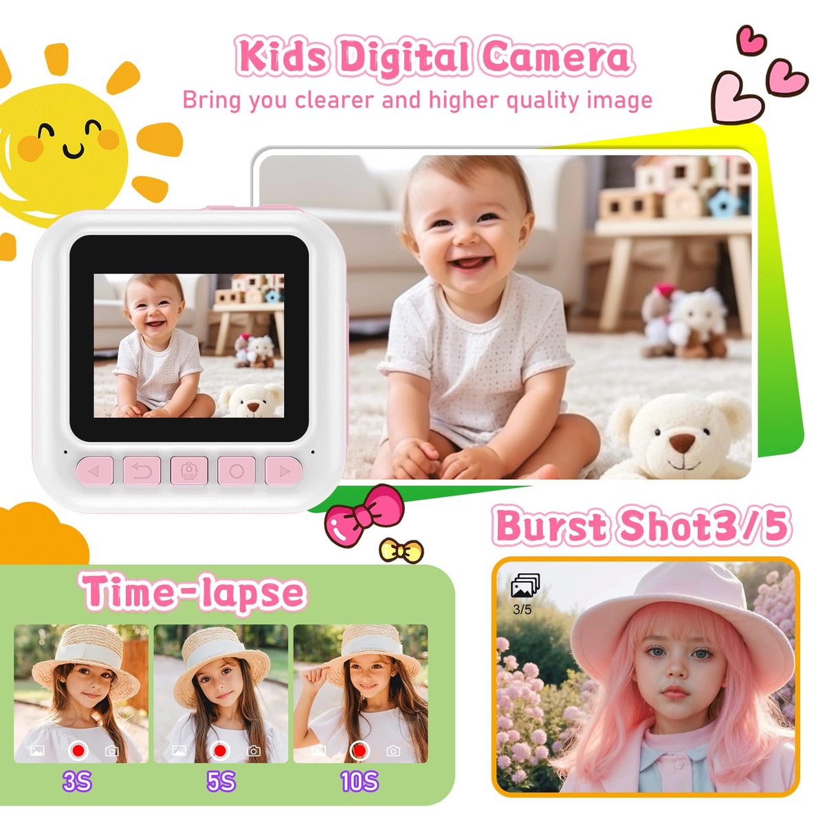Dafotil kids camera records vivid 1080P video for birthdays and outings.