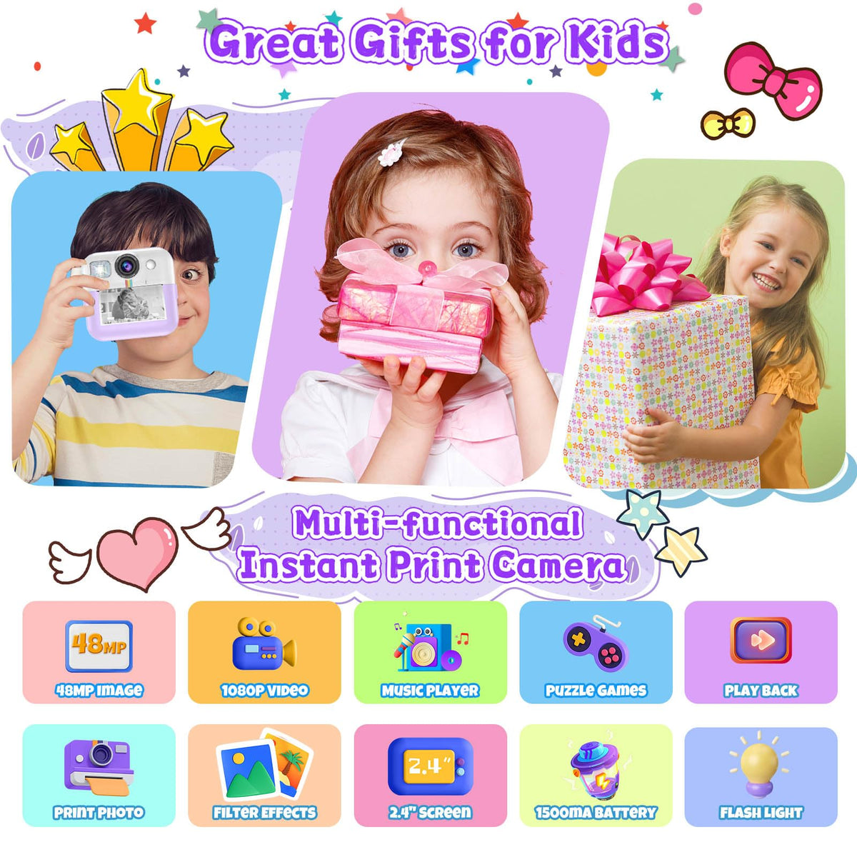 Dafotil kids camera printing feature with three rolls enables DIY photo keepsakes