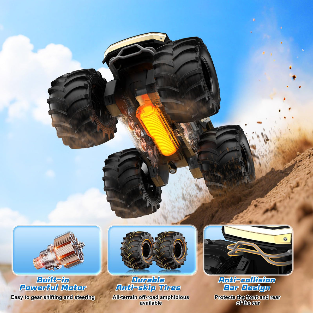 Dafotil 360-degree rotation allows versatile driving on land and water.