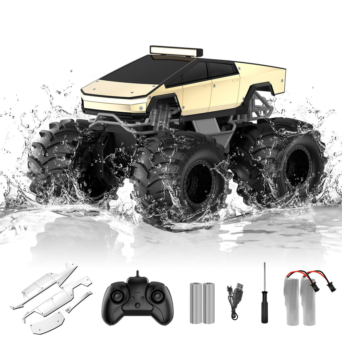 Dafotil 1:18 amphibious RC truck on land and water for all-terrain play.