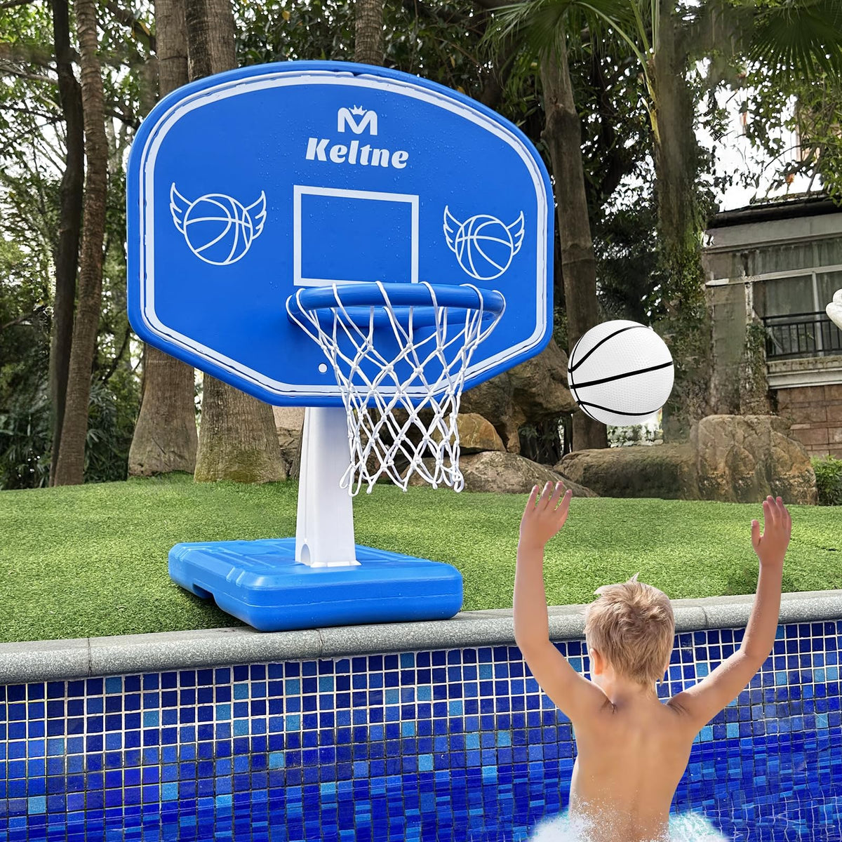 Dahivs pool basketball hoop assembled for immediate poolside play