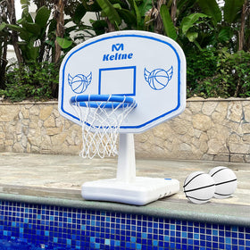 Dahivs pool basketball hoop setup shows ready-to-play system for backyard fun.