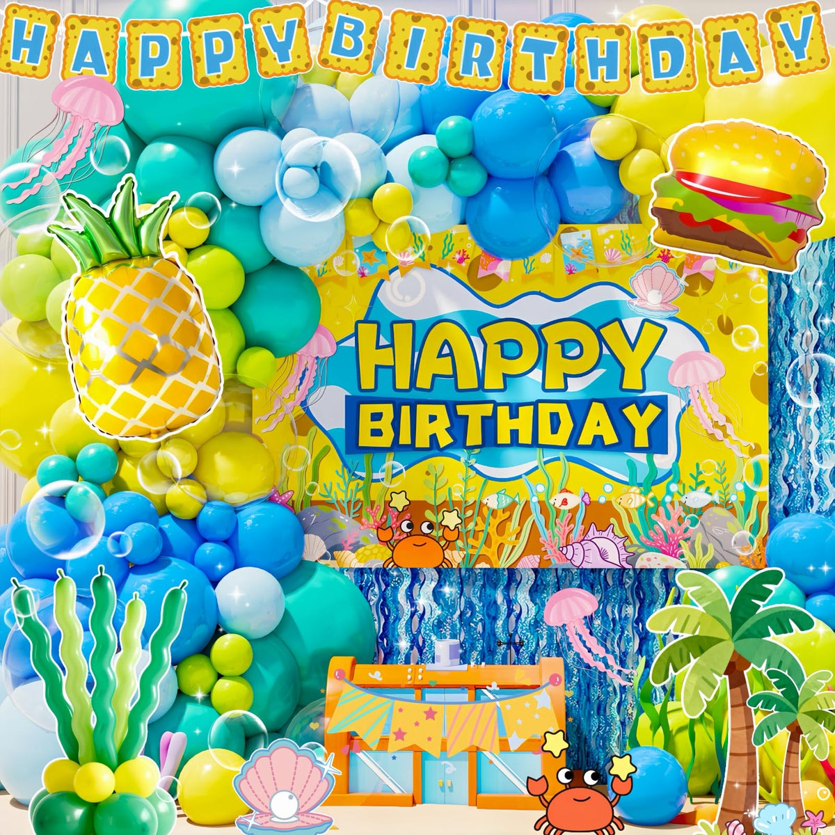 Daidle balloon arch forms a festive entry for a kid-friendly undersea birthday party