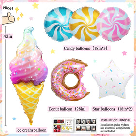 Daidle donut, ice cream, and candy balloons create a playful center point.