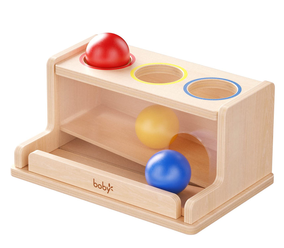 Dailyfunn object permanence box front view with visible ball motion for engaged play.