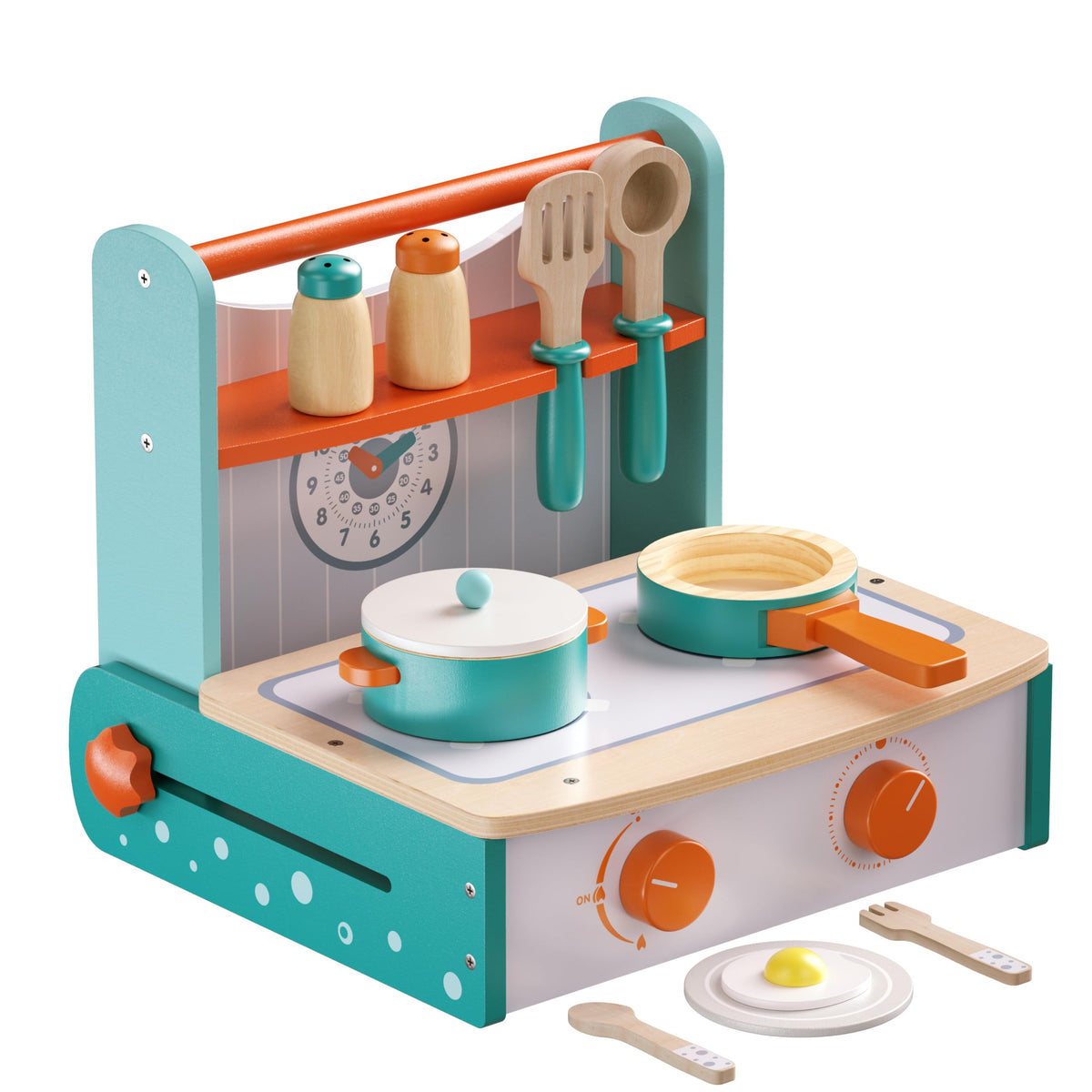 Dailyfunn wooden foldable toy stove—compact closed design for easy storage.