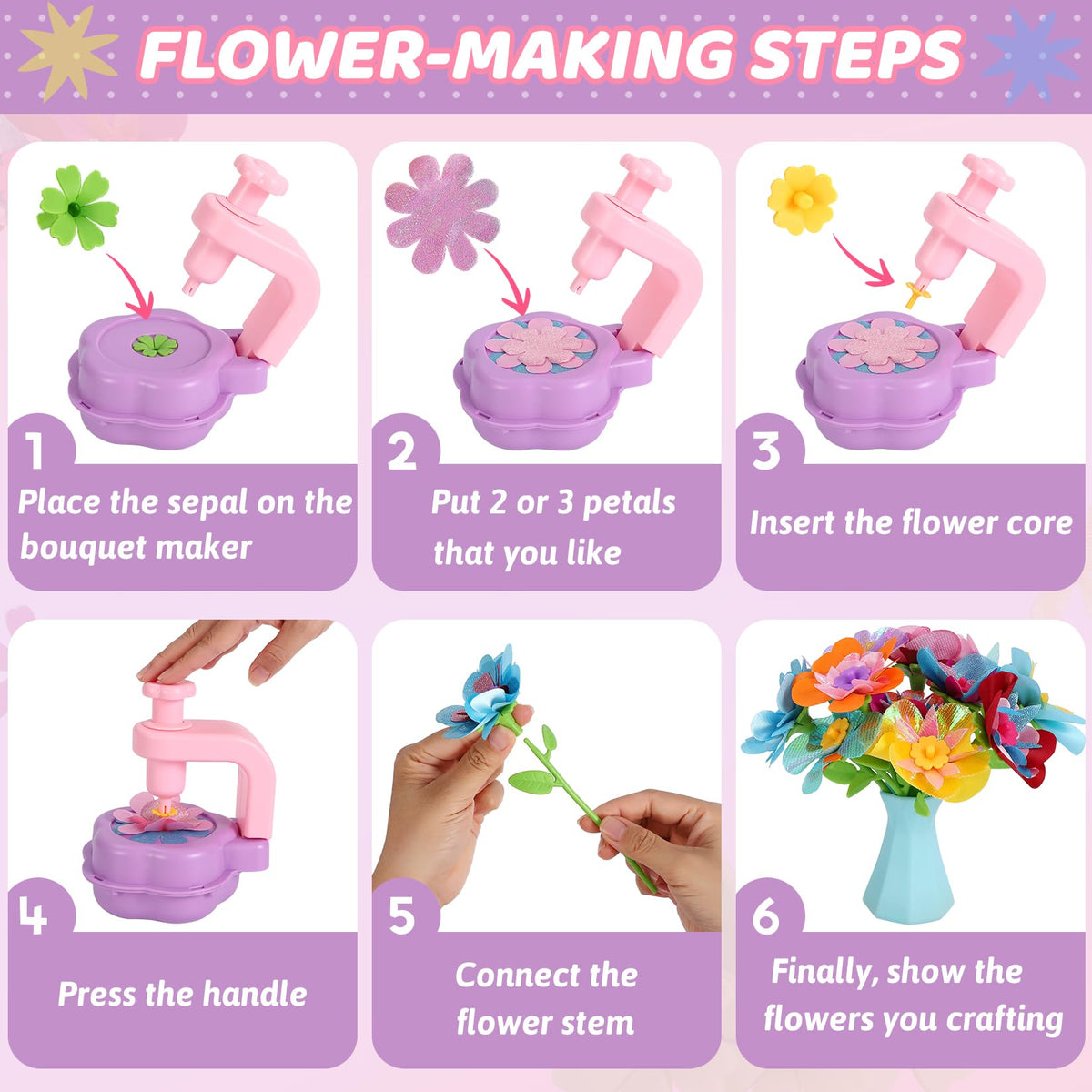 DAISRED sepal and vase pieces finish display-ready bouquets for pretend gifting