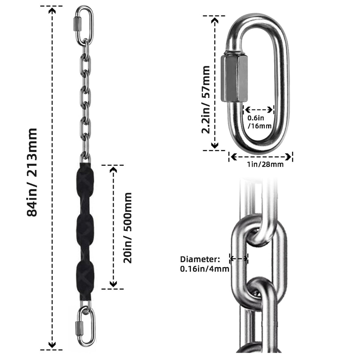 Dakzhou 4 stainless steel chains black 84-inch storage bag included for portability