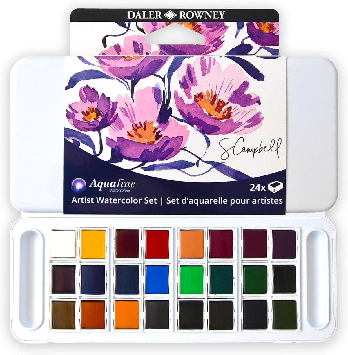 Daler-Rowney Aquafine 24-half-pans travel set for versatile on-the-go watercolor painting.