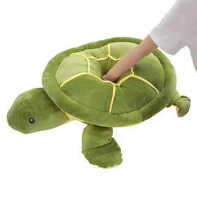 Dalmao 28-inch sea turtle shell close-up; vibrant green plush for cozy hugs.