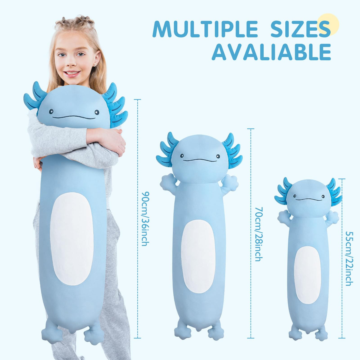 Dalmao axolotl pillow on bed shows size and hug factor