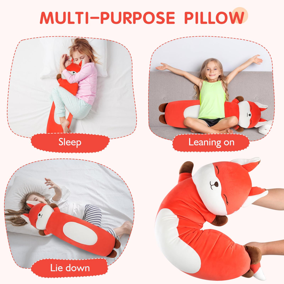 Dalmao machine washable fox pillow for easy cleaning after play.