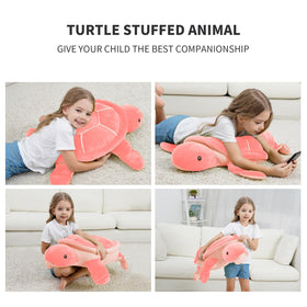 Dalmao pink sea turtle plush close-up showing a friendly face for comforting snuggles