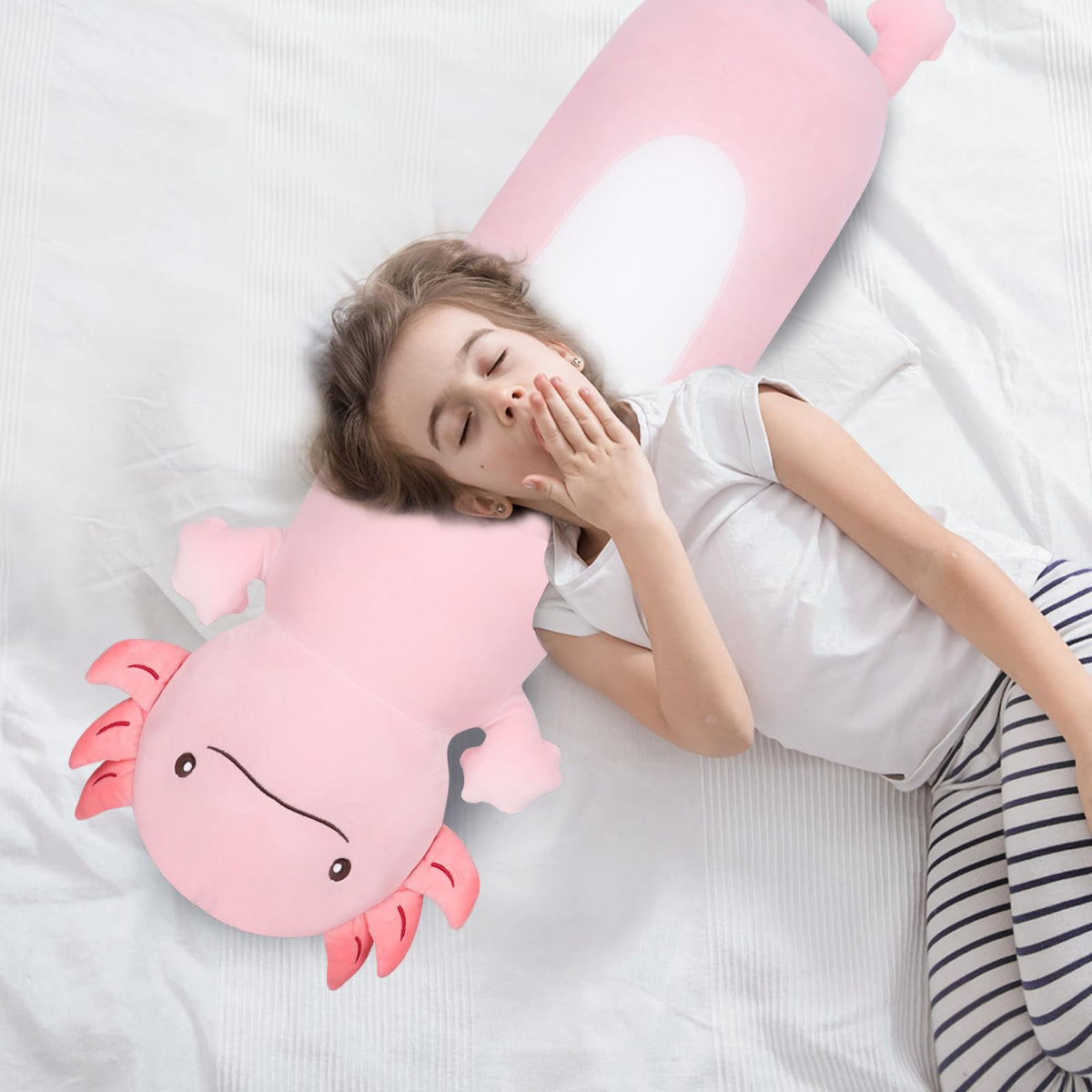 Close-up of Dalmao axolotl plush soft polyester fabric.