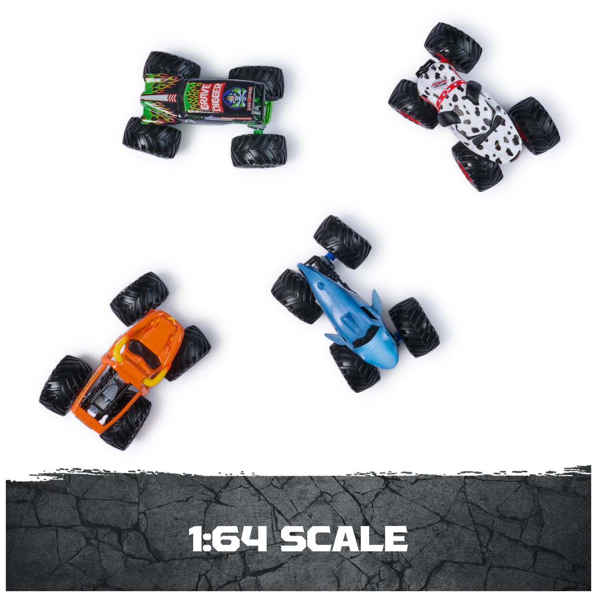 Dalmatian 1:64 die-cast truck with stylized chassis for display.