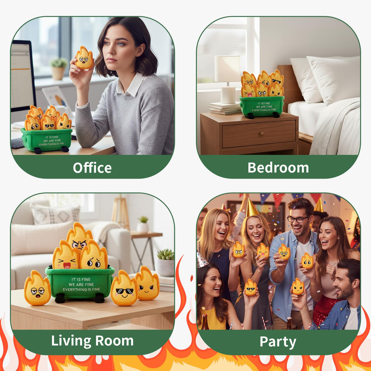 Dalycro dumpster fire calm plush signals steadier mood during busy days.