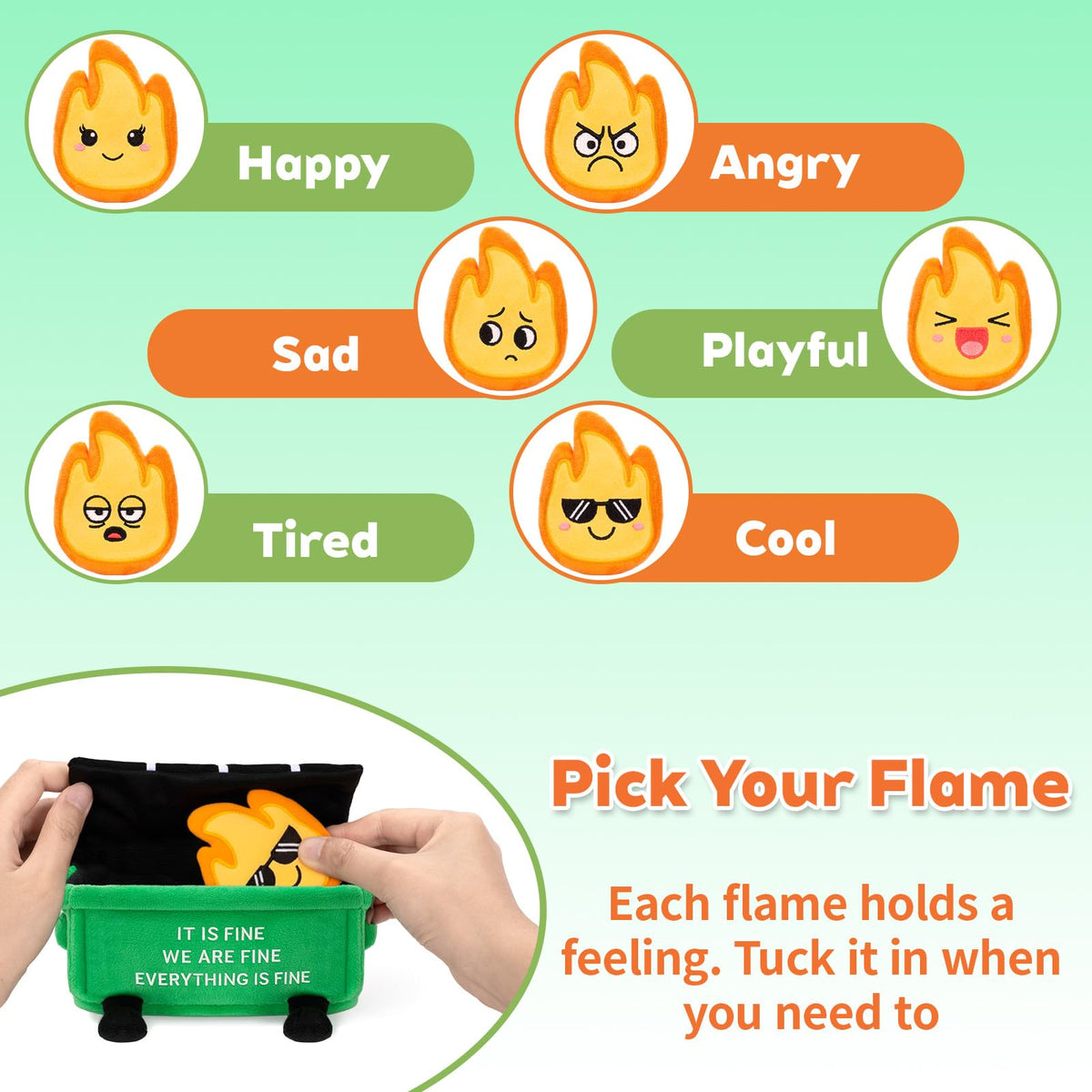Dalycro dumpster fire surprise plush adds playful intrigue to a desk.