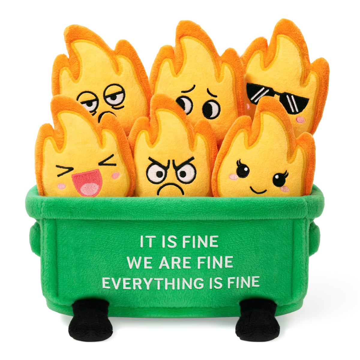 Dalycro Emotional Dumpster Plush on a desk with six fire plushies for mood lift.