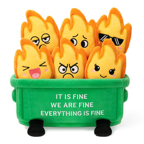 Dalycro Emotional Dumpster Plush on a desk with six fire plushies for mood lift.