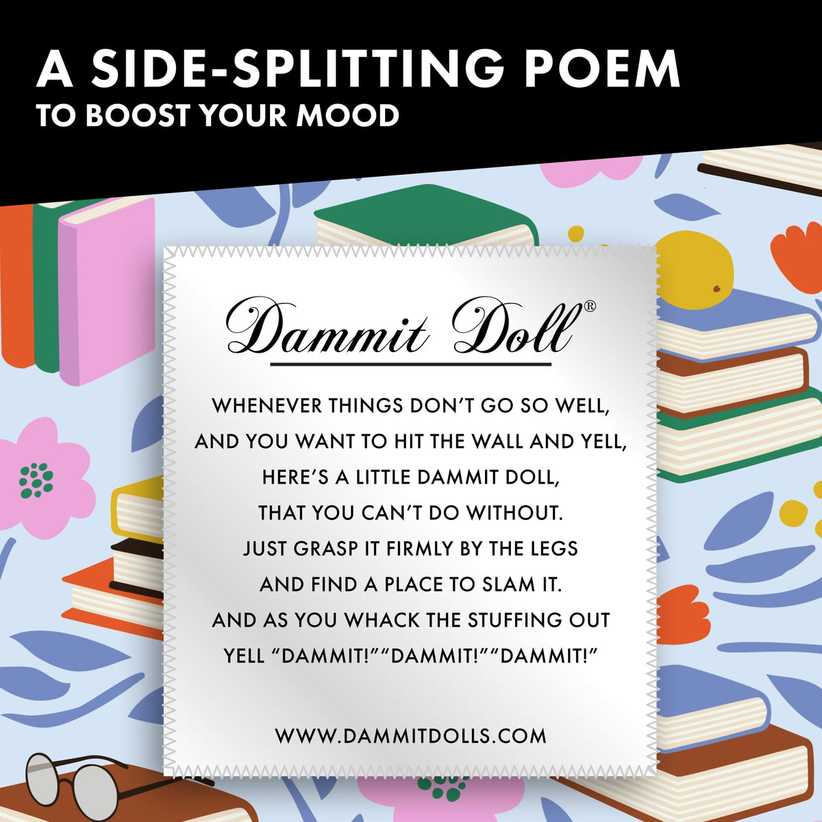 Dammit Doll limited edition closeup with book garden pattern, ideal as a quirky desk companion.