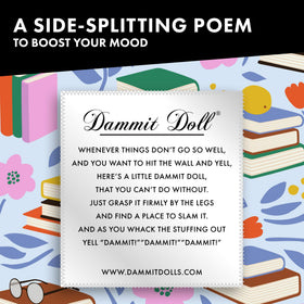 Dammit Doll limited edition closeup with book garden pattern, ideal as a quirky desk companion.