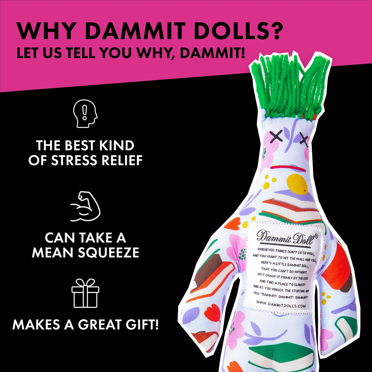 Dammit Doll decor on a bookshelf, doubles as a playful emotional-release accent piece.