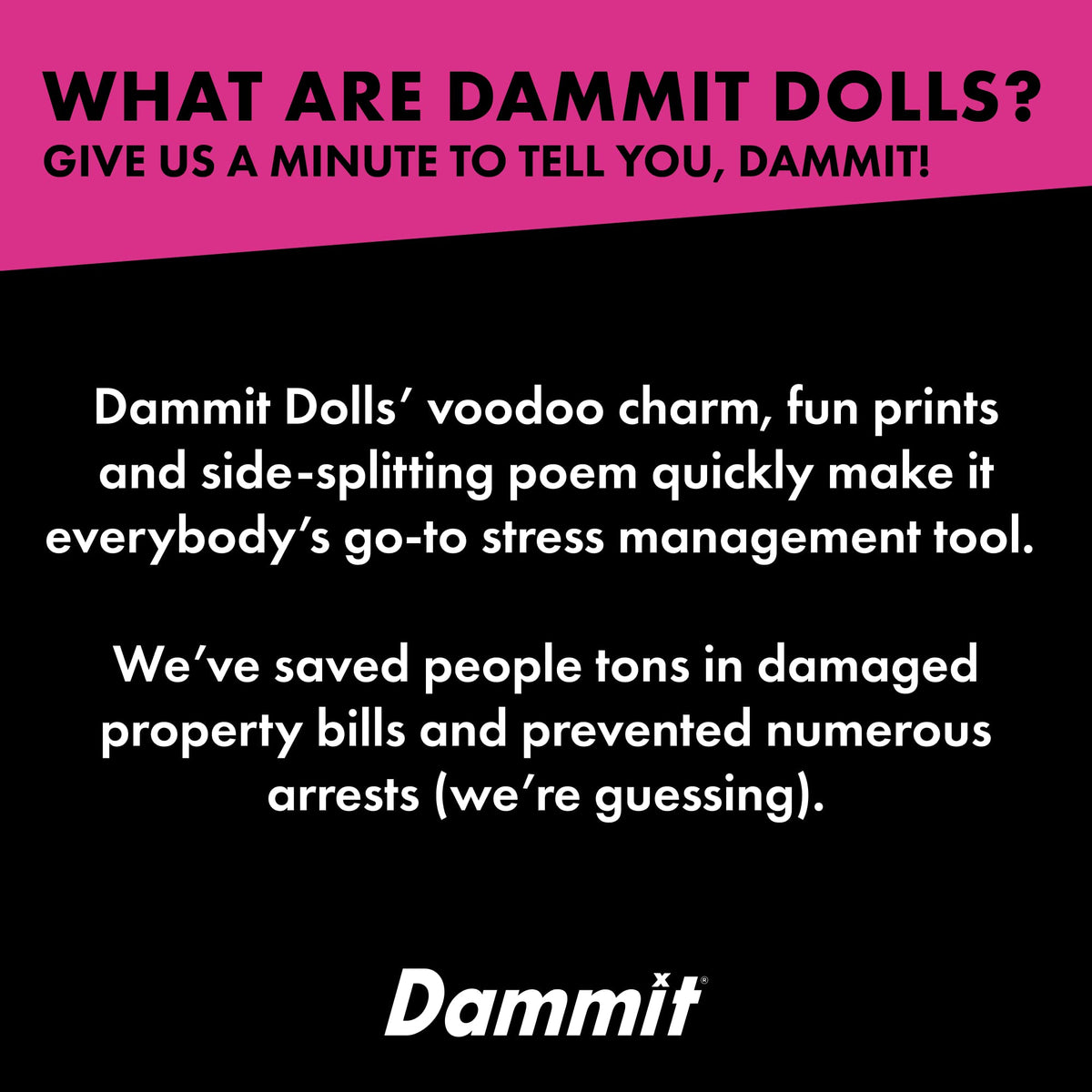 Dammit Doll cancer research donation banner indicates charitable support with each purchase.