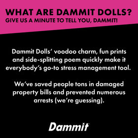 Dammit Doll cancer research donation banner indicates charitable support with each purchase.