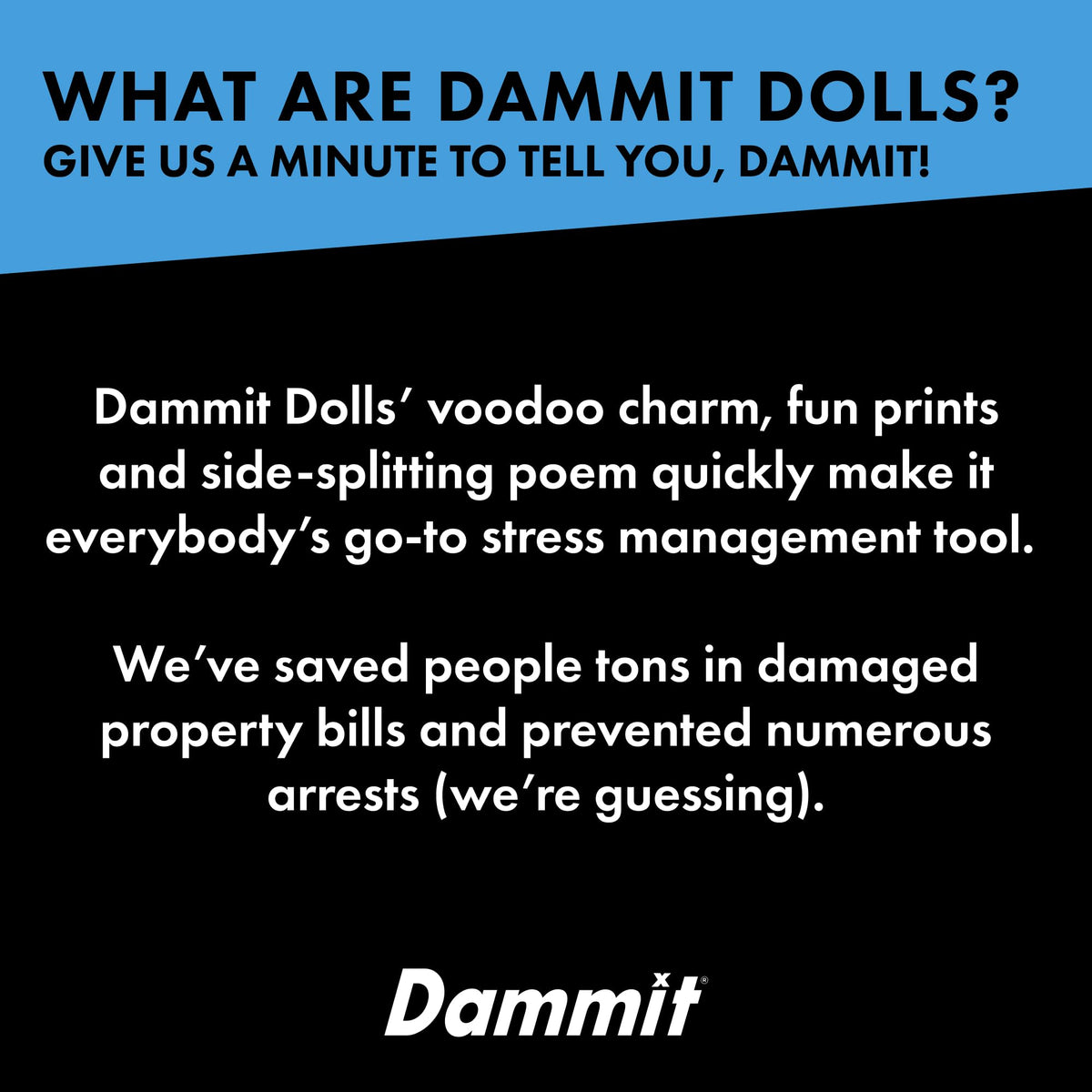 Dammit Doll denim desk scene showcases a cheeky gag gift with tactile appeal.