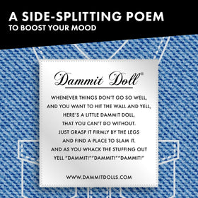 Dammit Doll denim gift-ready packaging emphasizes fun gift ideas for coworkers.