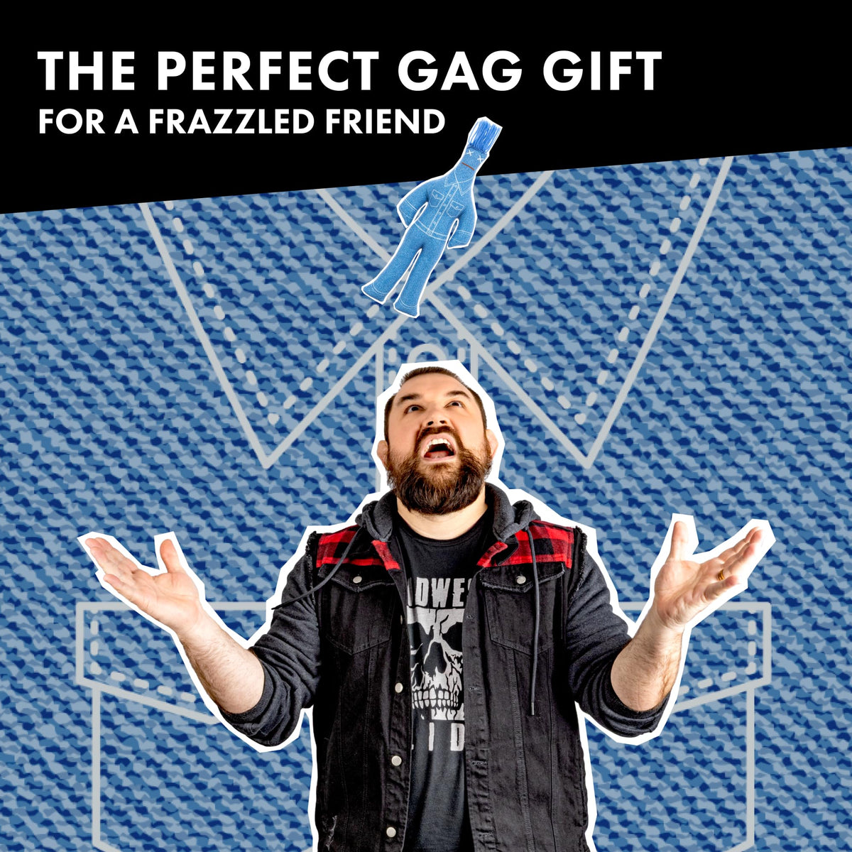Dammit Doll denim holiday shot positions as a lighthearted gag gift option.