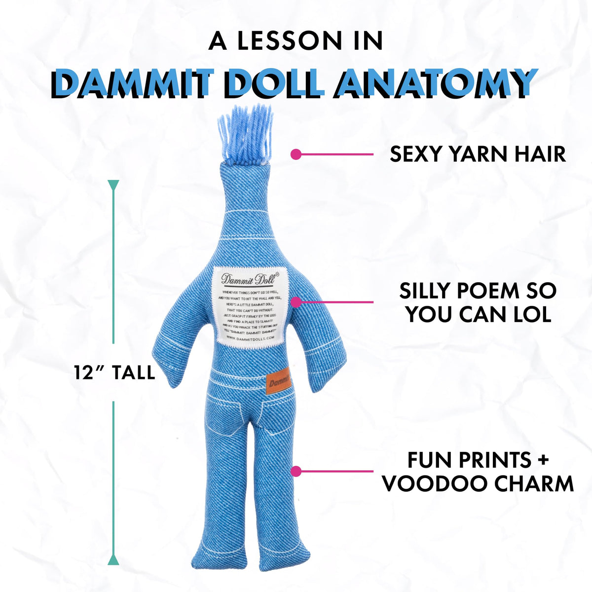Dammit Doll denim office scene demonstrates a playful outlet during busy workdays.