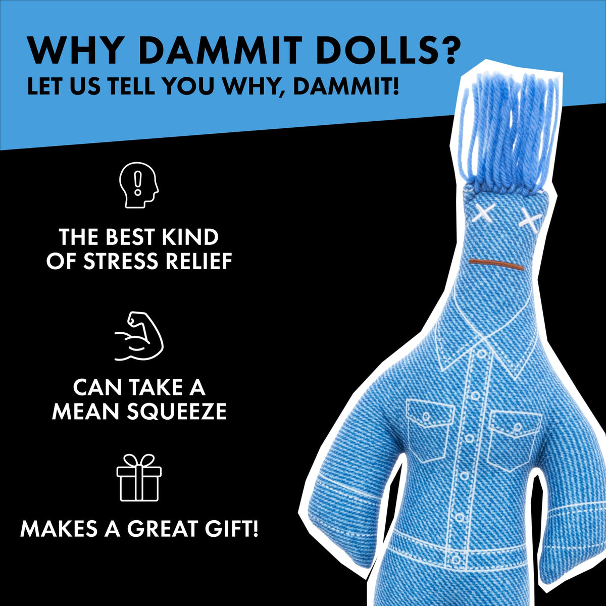 Dammit Doll denim fashion image highlights durable seams for daily play.