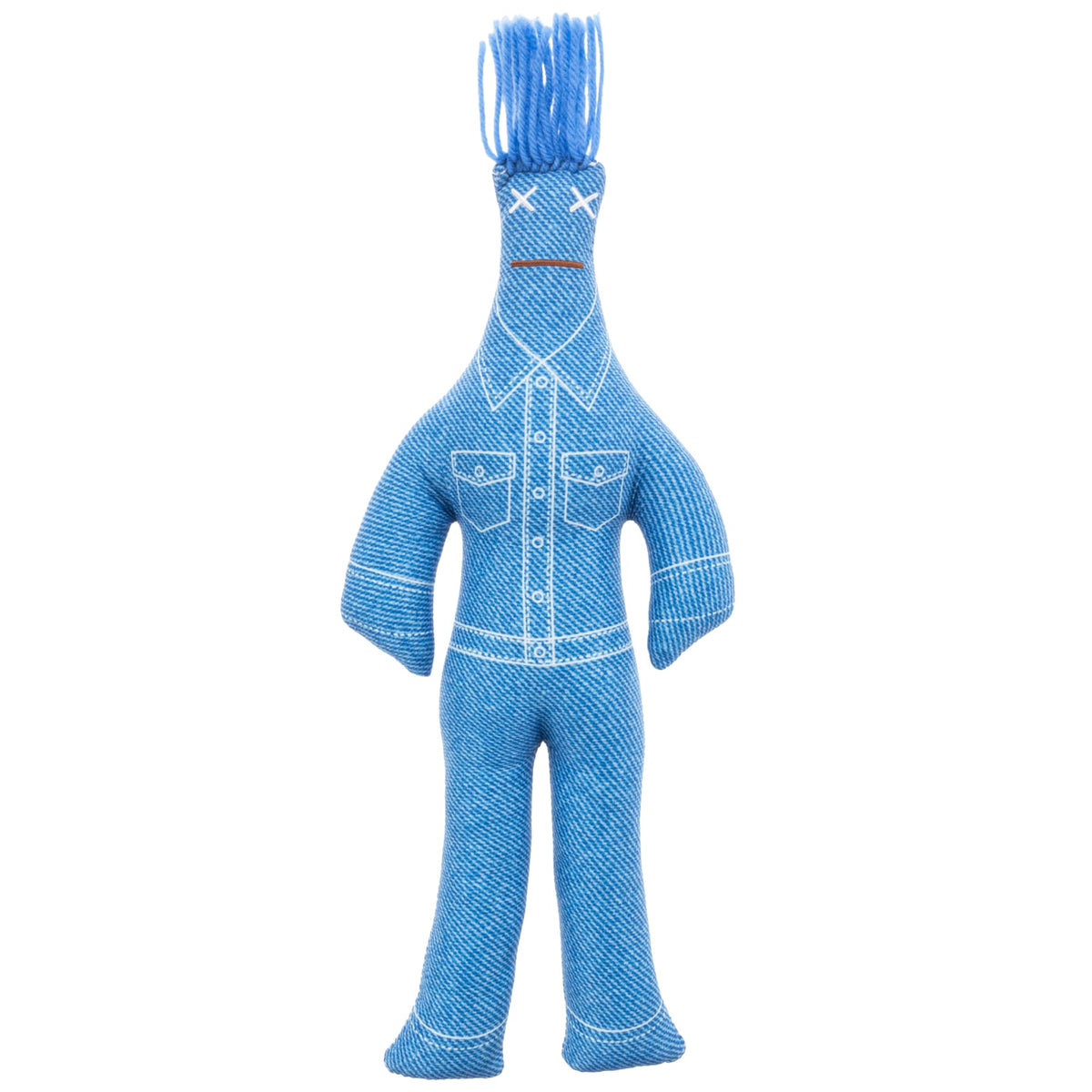 Dammit Doll denim tuxedo close-up for stress-relief humor at your desk.