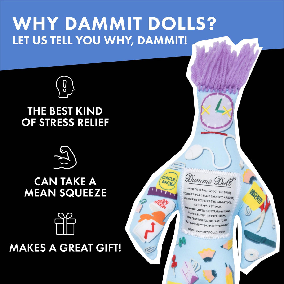 Dammit Doll sits as a funny coworker gift for teams.