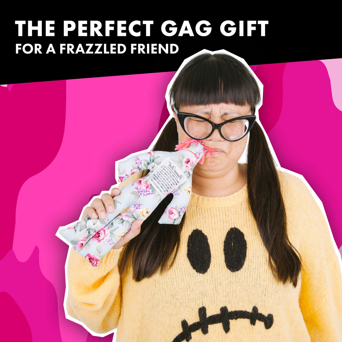 Dammit Doll gift packaging display suggests fun gag gift for friends and family.