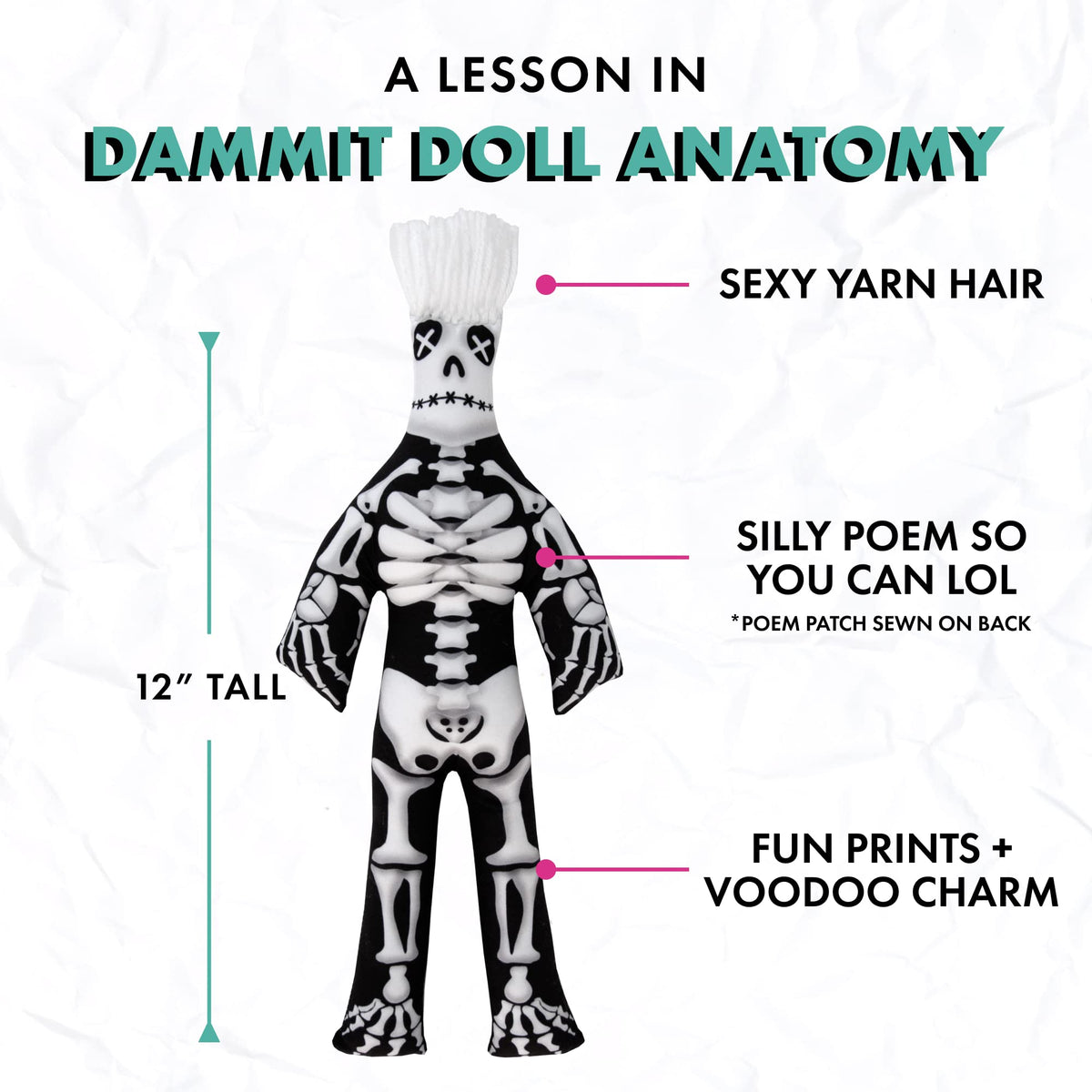 Dammit Doll side view emphasizes resilience and a huggable pose.