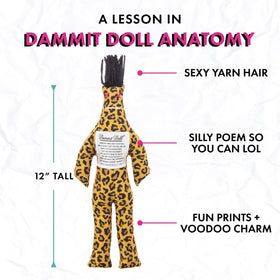 Dammit Doll leopard print in action for desk-side slams.
