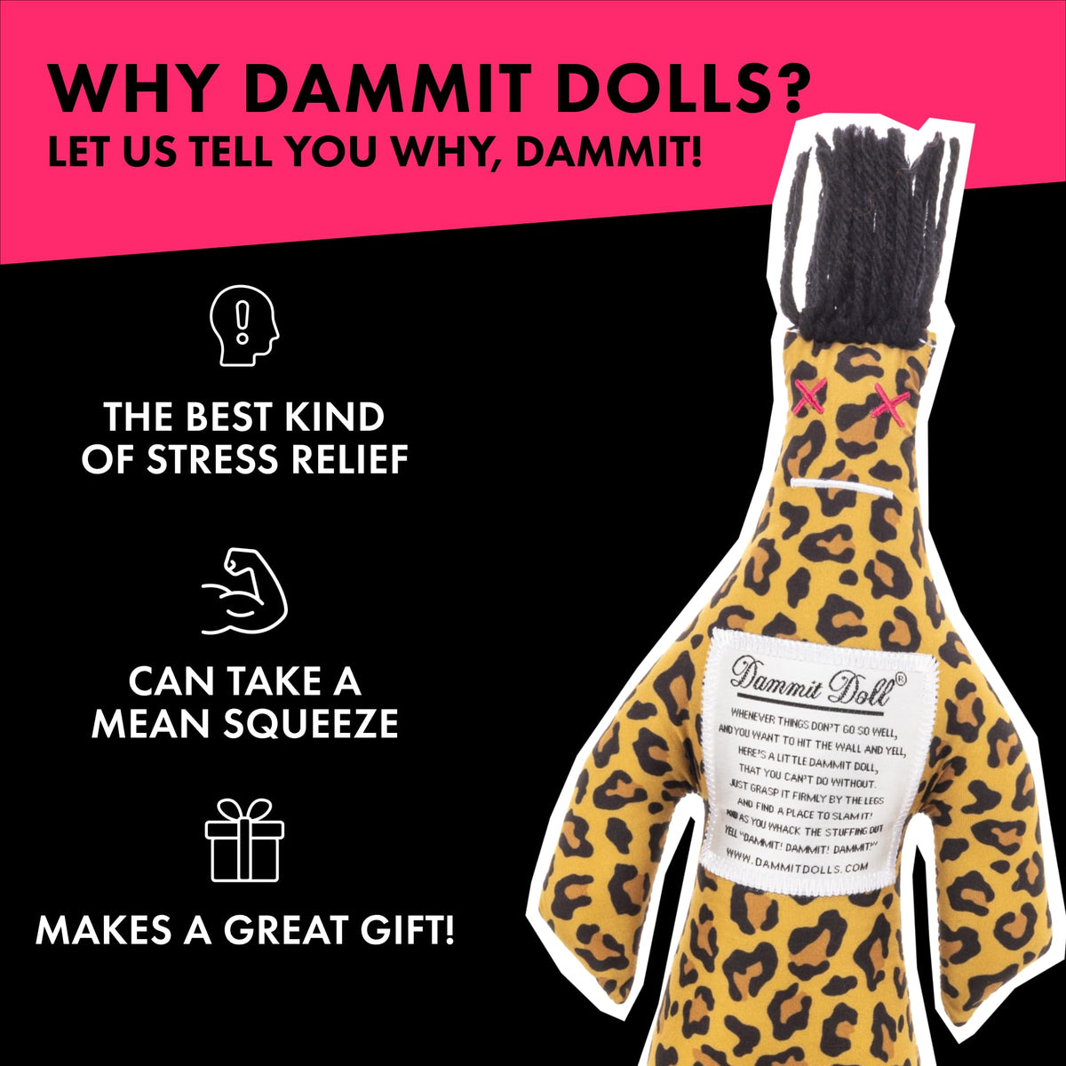 Dammit Doll leopard print with poem conveys playful vent for tense moments.