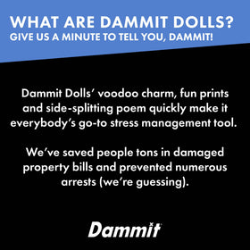 Dammit Doll covered in office mayhem print for visual humor.