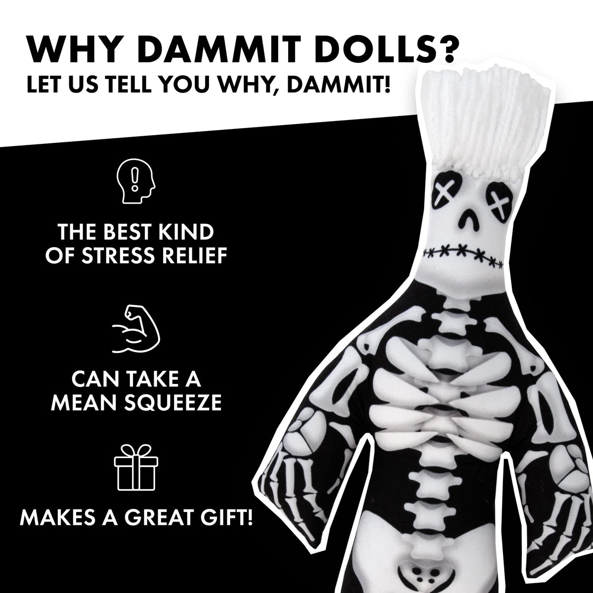 Dammit Doll plush texture feels soft yet sturdy for squeezable relief.