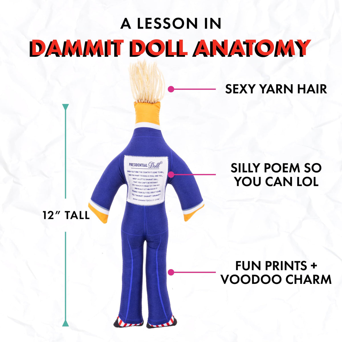 Dammit Doll back-poem stitching adds humor and character
