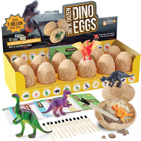 Dan & Darci Dig a Dozen Dino Egg Kit packaging with 12 eggs for STEM play.