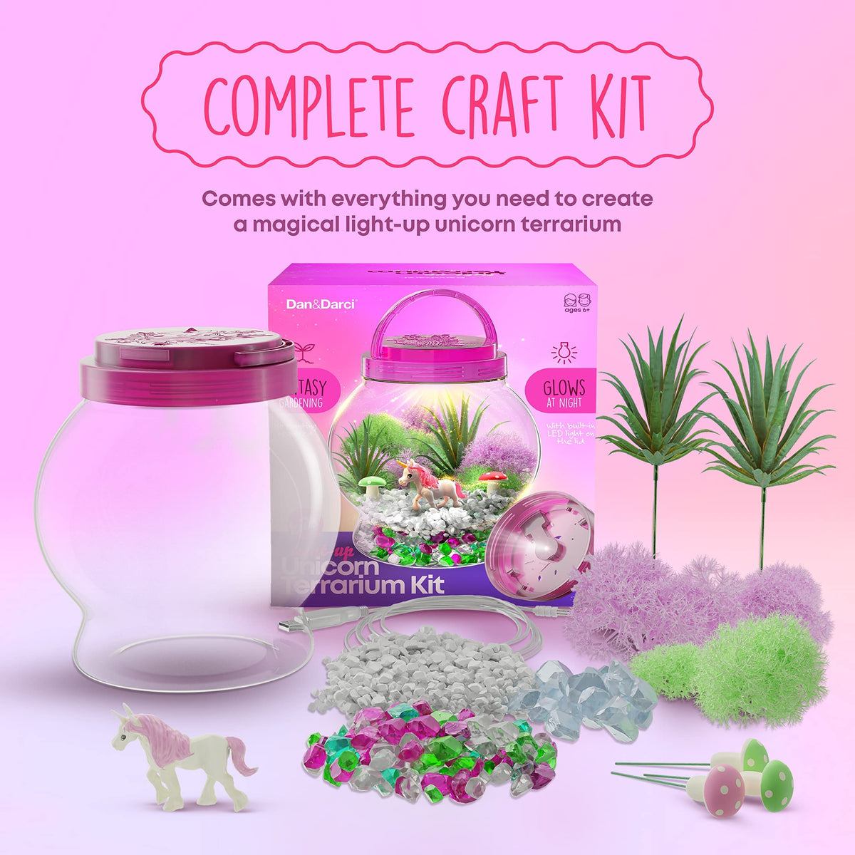 Dan&Darci LED lid with handle lights the terrarium for magical ambience.