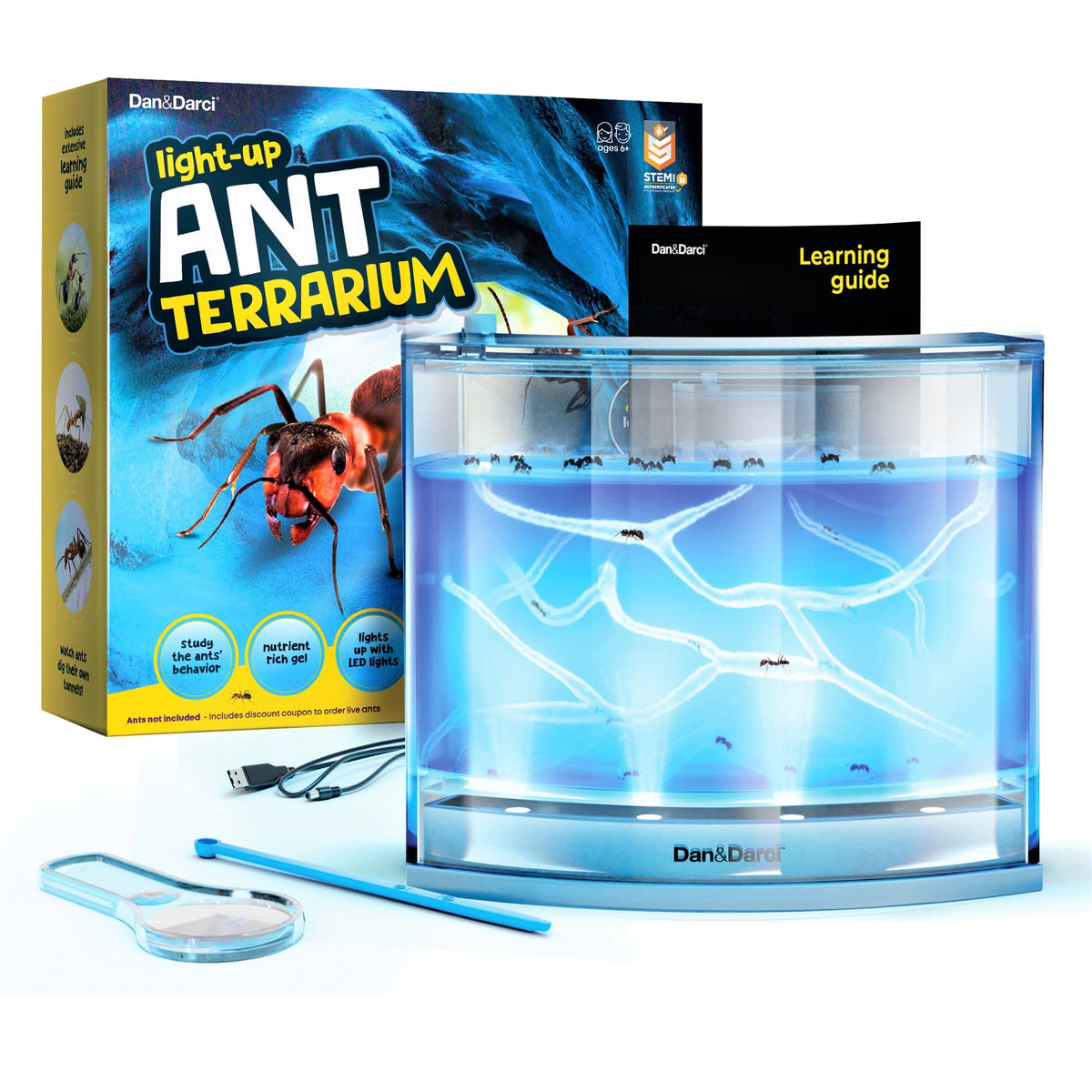 Dan&Darci light-up ant farm terrarium front view for educational play and observation.