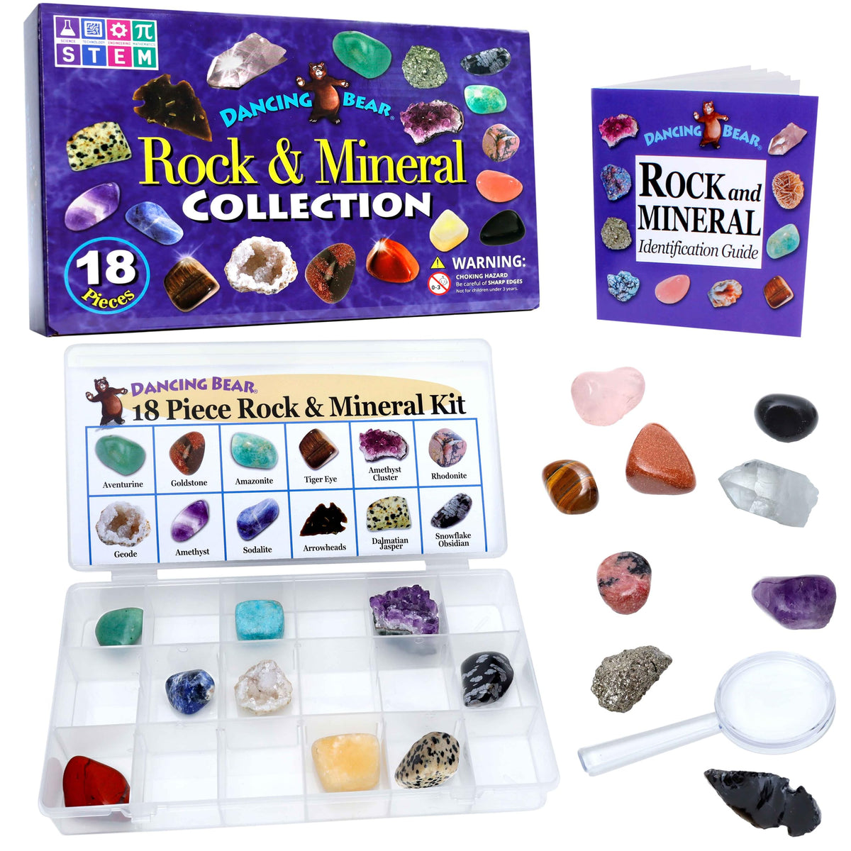 DANCING BEAR 18pc rock collection box for hands-on geology learning.